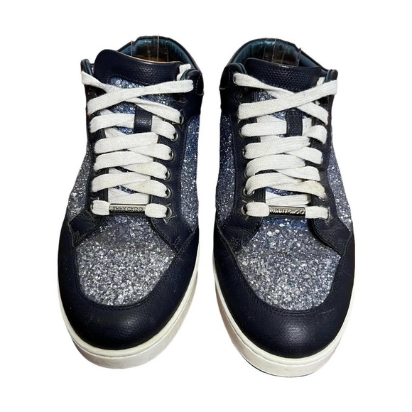 Jimmy Choo Sneakers Leather Navy Blue Glitter Low Top Size 35.5 - Picture 1 of 8